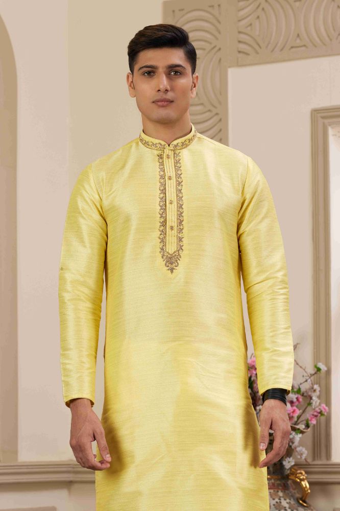 Raivat Ethnic Banarasi Art Silk Hand Work Kurta Pajama In Lemon Yellow Colour | Grocsy