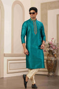 Raivat Ethnic Banarasi Art Silk Hand Work Kurta Pajama In Teal Green Colour | Grocsy