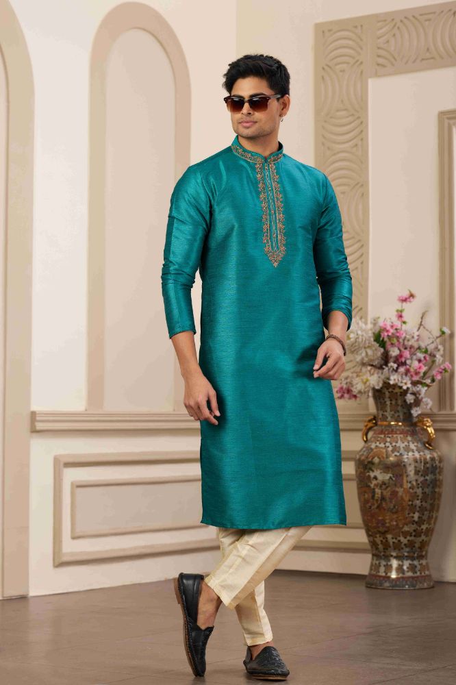 Raivat Ethnic Banarasi Art Silk Hand Work Kurta Pajama In Teal Green Colour | Grocsy