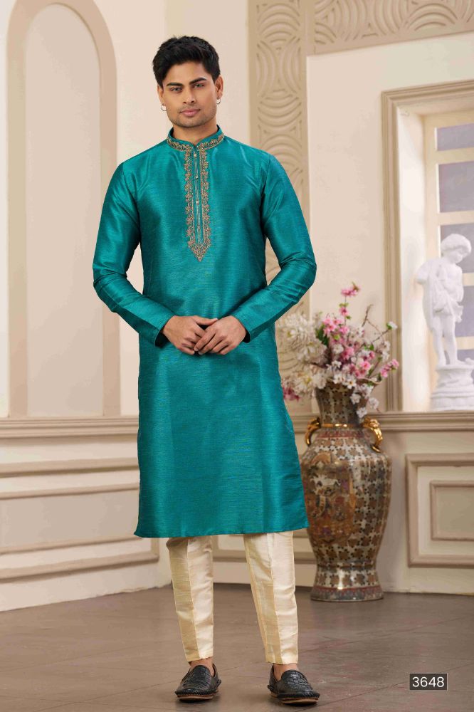 Raivat Ethnic Banarasi Art Silk Hand Work Kurta Pajama In Teal Green Colour | Grocsy