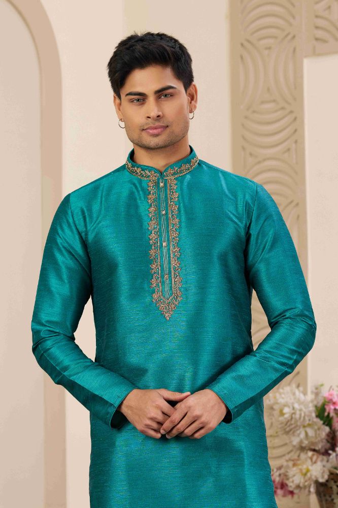 Raivat Ethnic Banarasi Art Silk Hand Work Kurta Pajama In Teal Green Colour | Grocsy