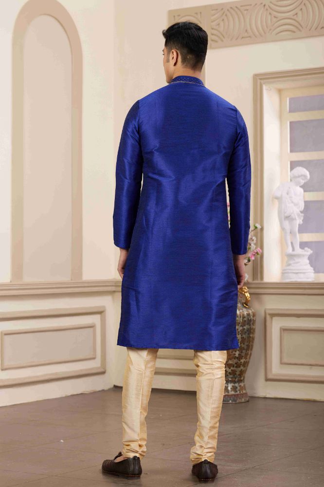 Raivat Ethnic Banarasi Art Silk Hand Work Kurta Pajama In Blue Colour | Grocsy