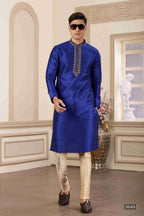 Raivat Ethnic Banarasi Art Silk Hand Work Kurta Pajama In Blue Colour | Grocsy
