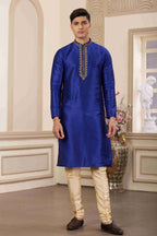 Raivat Ethnic Banarasi Art Silk Hand Work Kurta Pajama In Blue Colour | Grocsy