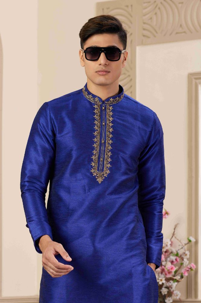 Raivat Ethnic Banarasi Art Silk Hand Work Kurta Pajama In Blue Colour | Grocsy