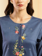 Blue Chinon Embroidered Straight Kurta with Trouser & Dupatta - Salimar | Grocsy