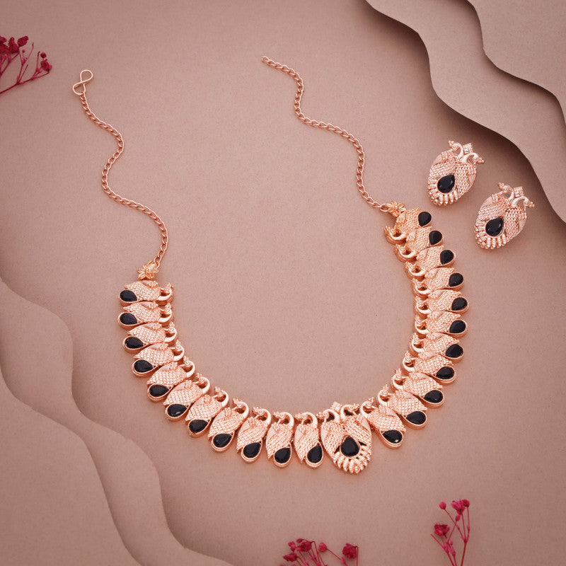 Tehzeeb Creations Rose Gold Black Colour Necklace With Pair Of Earrings | Grocsy