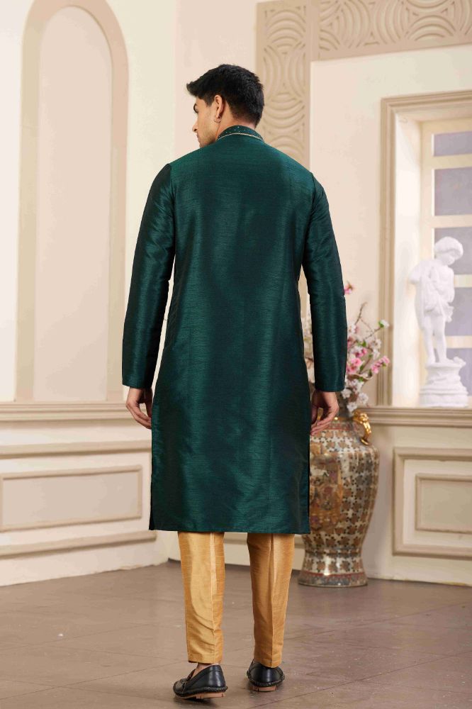 Raivat Ethnic Banarasi Art Silk Hand Work Kurta Pajama In Green Colour | Grocsy