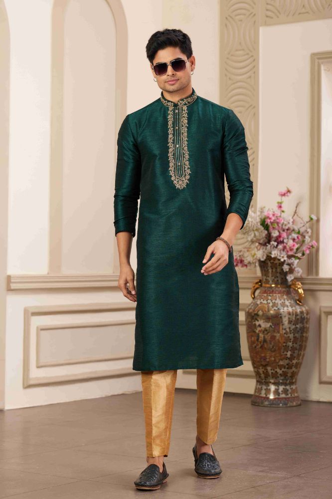 Raivat Ethnic Banarasi Art Silk Hand Work Kurta Pajama In Green Colour | Grocsy