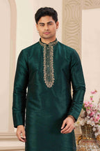 Raivat Ethnic Banarasi Art Silk Hand Work Kurta Pajama In Green Colour | Grocsy