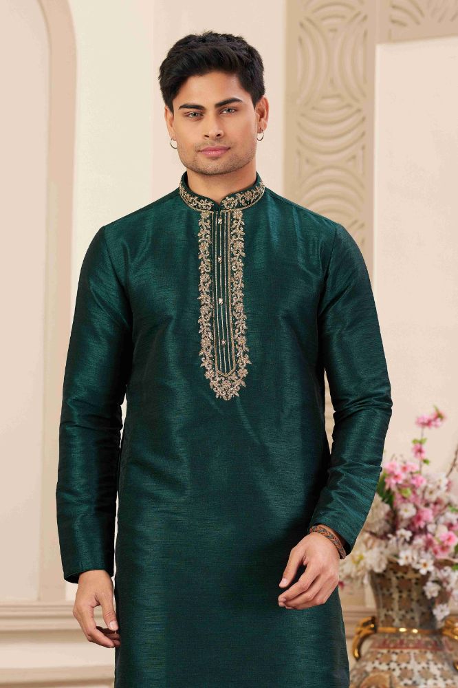 Raivat Ethnic Banarasi Art Silk Hand Work Kurta Pajama In Green Colour | Grocsy