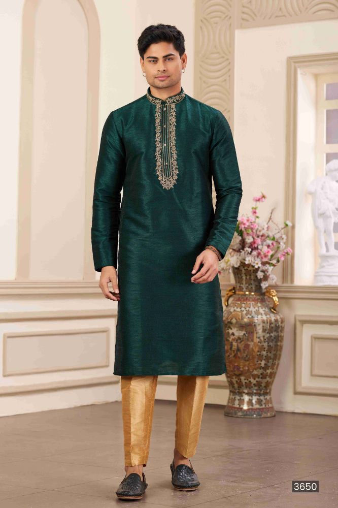 Raivat Ethnic Banarasi Art Silk Hand Work Kurta Pajama In Green Colour | Grocsy