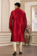 Raivat Ethnic Banarasi Art Silk Hand Work Kurta Pajama In Maroon Colour | Grocsy