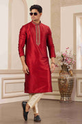 Raivat Ethnic Banarasi Art Silk Hand Work Kurta Pajama In Maroon Colour | Grocsy