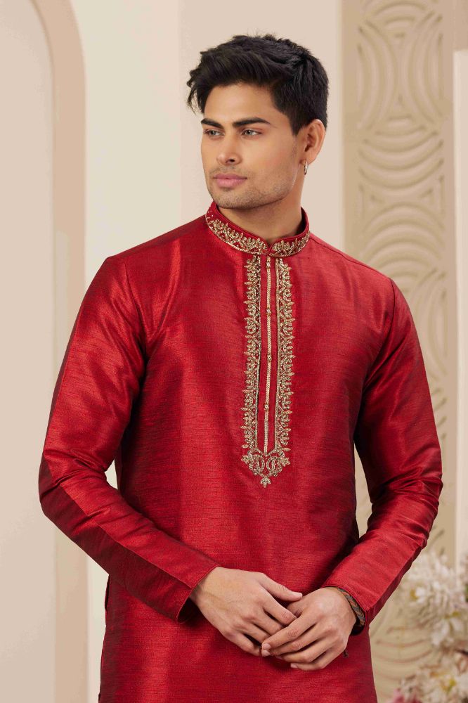 Raivat Ethnic Banarasi Art Silk Hand Work Kurta Pajama In Maroon Colour | Grocsy