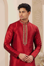 Raivat Ethnic Banarasi Art Silk Hand Work Kurta Pajama In Maroon Colour | Grocsy
