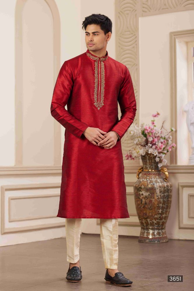 Raivat Ethnic Banarasi Art Silk Hand Work Kurta Pajama In Maroon Colour | Grocsy