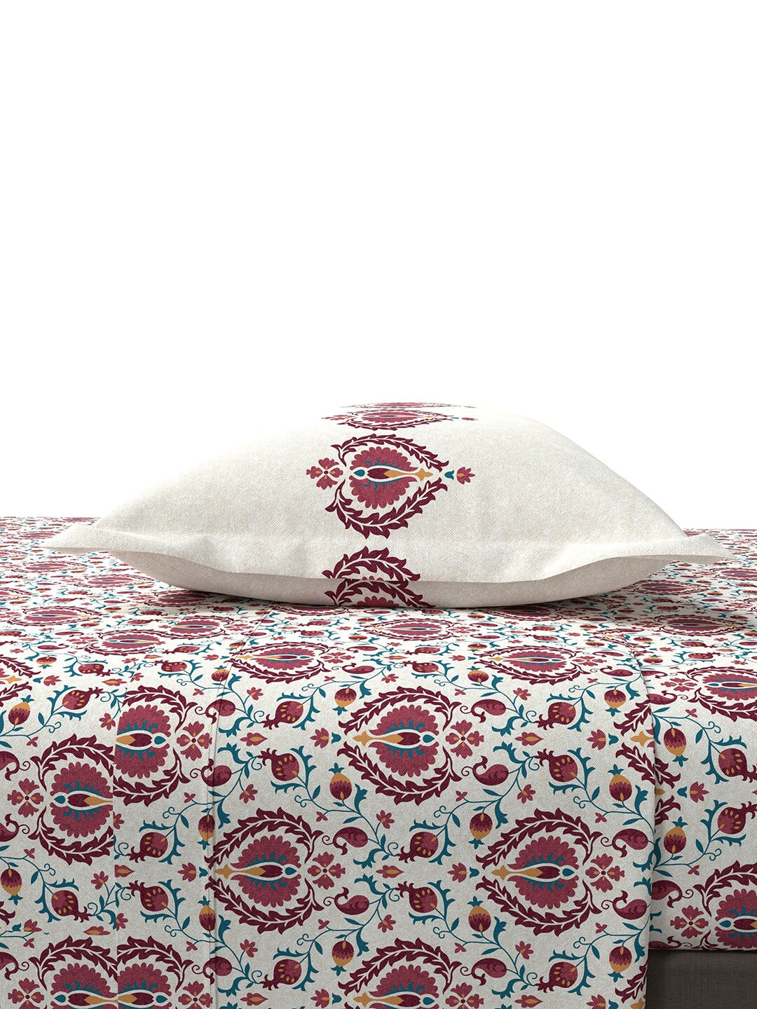 MYTRIDENT White Red Ethnic Motifs 144 TC Cotton Queen Bedsheet With 2 Pillow Covers | Grocsy