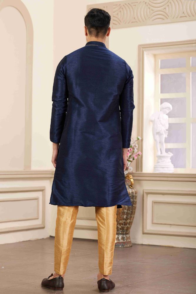Raivat Ethnic Banarasi Art Silk Hand Work Kurta Pajama In Blue Colour | Grocsy