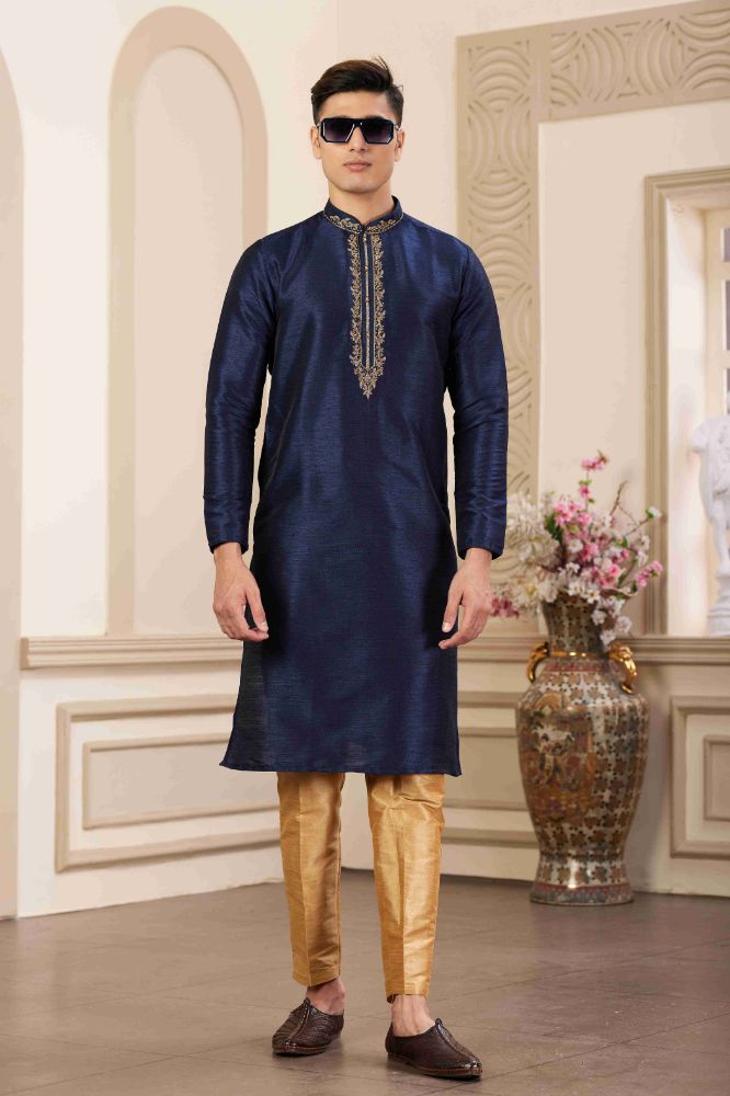Raivat Ethnic Banarasi Art Silk Hand Work Kurta Pajama In Blue Colour | Grocsy