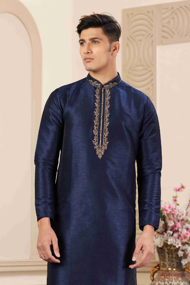 Raivat Ethnic Banarasi Art Silk Hand Work Kurta Pajama In Blue Colour | Grocsy