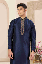 Raivat Ethnic Banarasi Art Silk Hand Work Kurta Pajama In Blue Colour | Grocsy