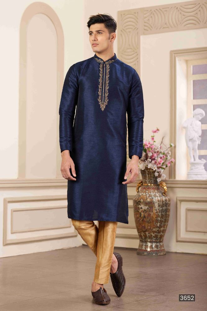 Raivat Ethnic Banarasi Art Silk Hand Work Kurta Pajama In Blue Colour | Grocsy
