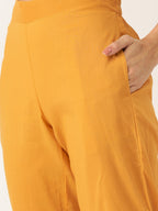 Sangria Women Mustard Yellow & Black Printed Kurta with Trousers | Grocsy