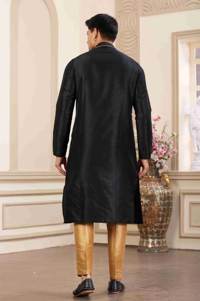Raivat Ethnic Banarasi Art Silk Hand Work Kurta Pajama In Black Colour | Grocsy