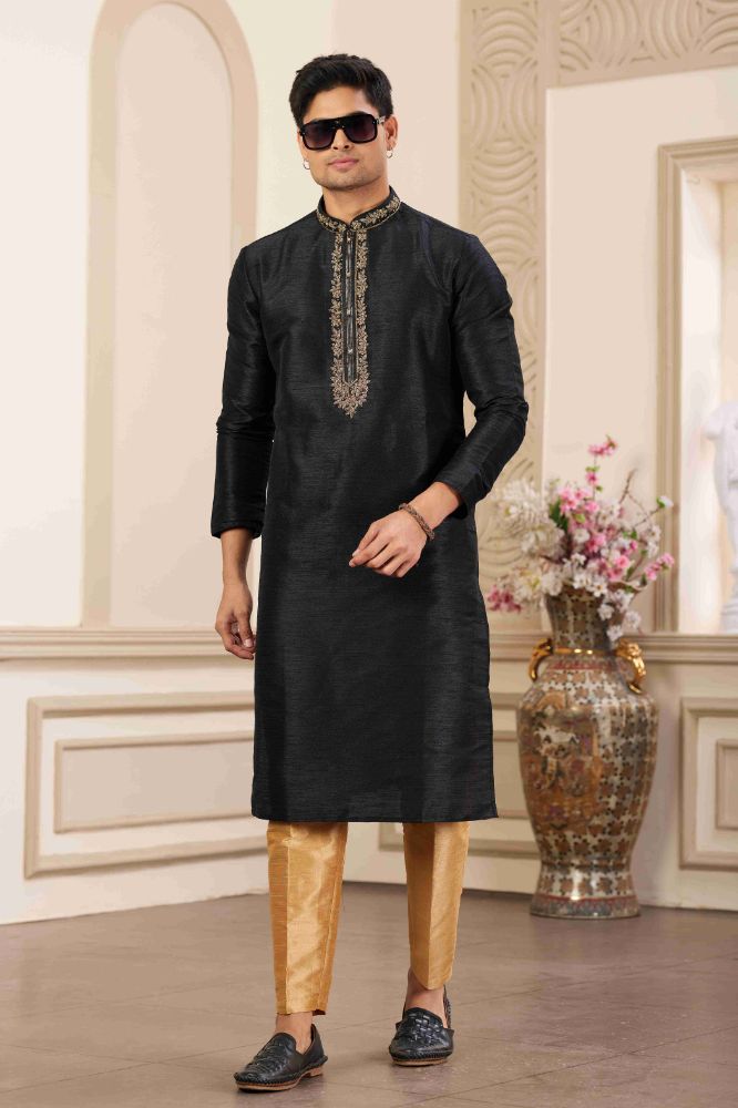 Raivat Ethnic Banarasi Art Silk Hand Work Kurta Pajama In Black Colour | Grocsy