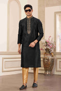 Raivat Ethnic Banarasi Art Silk Hand Work Kurta Pajama In Black Colour | Grocsy