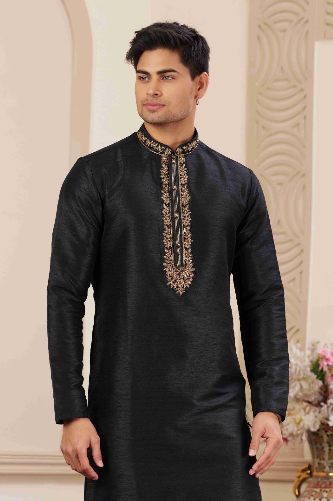 Raivat Ethnic Banarasi Art Silk Hand Work Kurta Pajama In Black Colour | Grocsy
