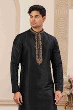 Raivat Ethnic Banarasi Art Silk Hand Work Kurta Pajama In Black Colour | Grocsy