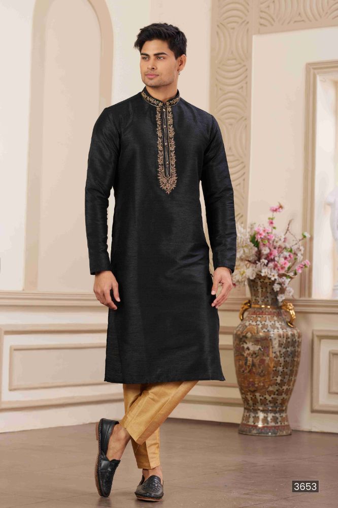 Raivat Ethnic Banarasi Art Silk Hand Work Kurta Pajama In Black Colour | Grocsy