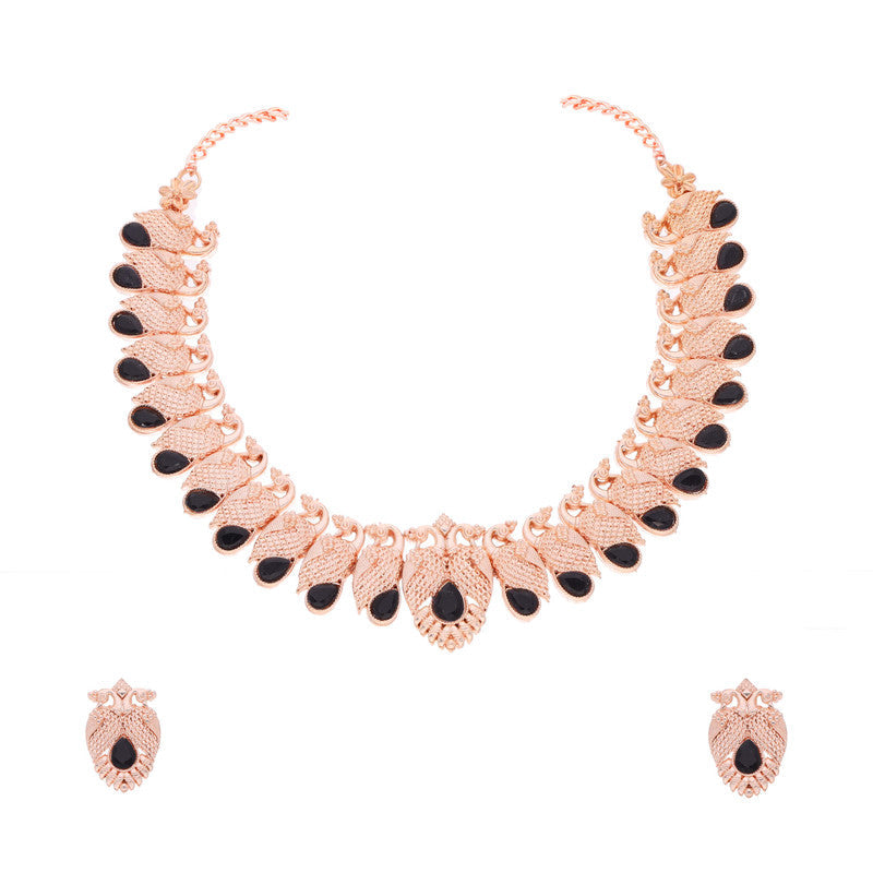 Tehzeeb Creations Rose Gold Black Colour Necklace With Pair Of Earrings | Grocsy