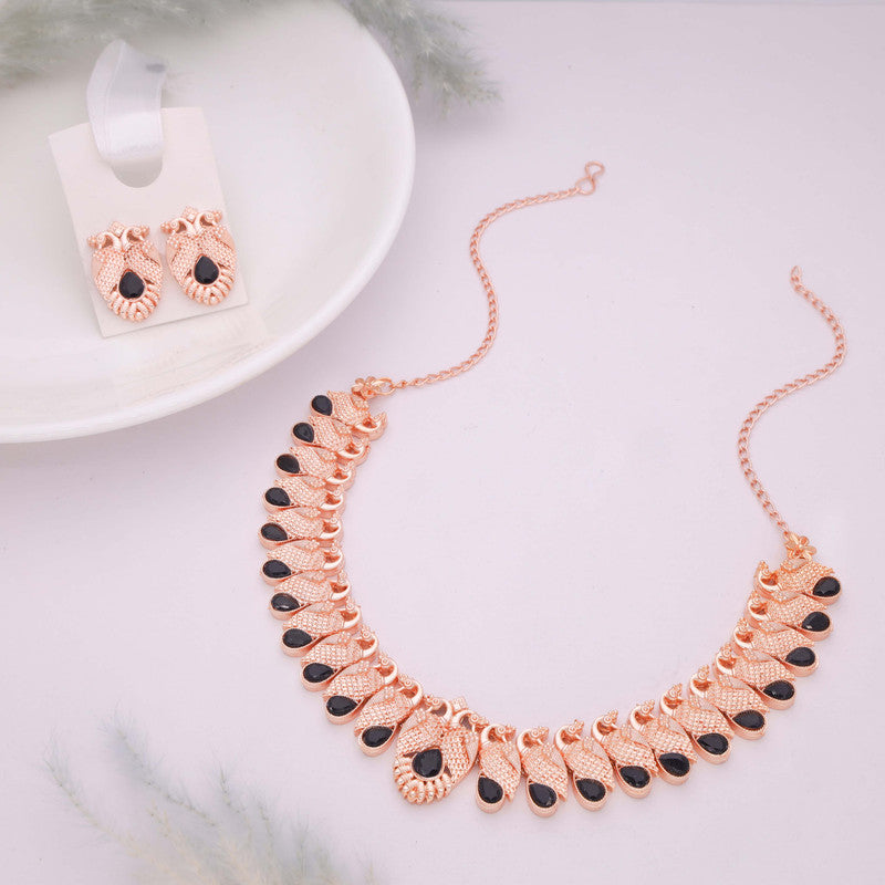 Tehzeeb Creations Rose Gold Black Colour Necklace With Pair Of Earrings | Grocsy