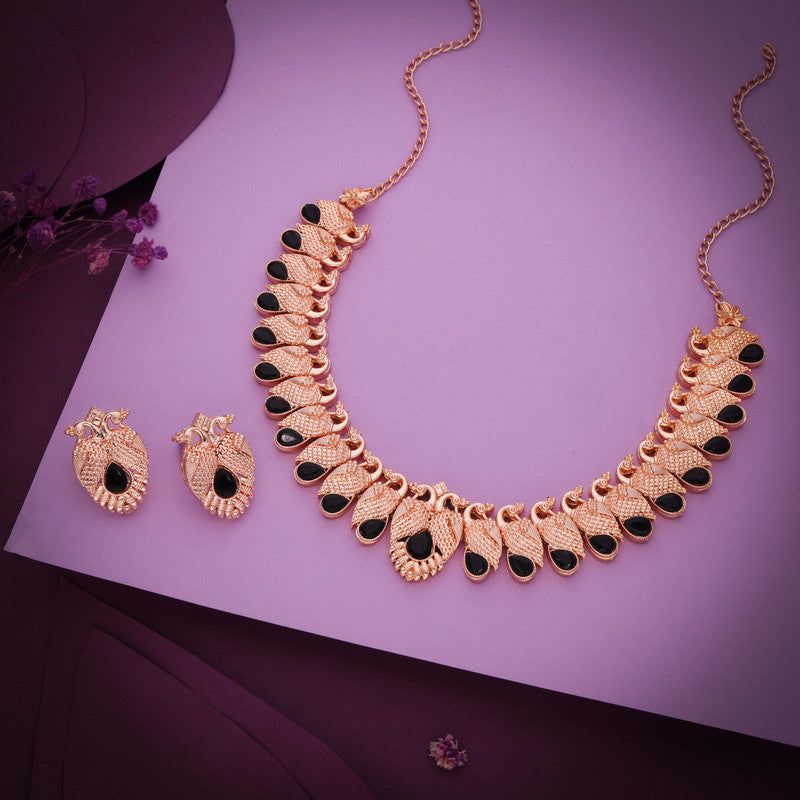 Tehzeeb Creations Rose Gold Black Colour Necklace With Pair Of Earrings | Grocsy