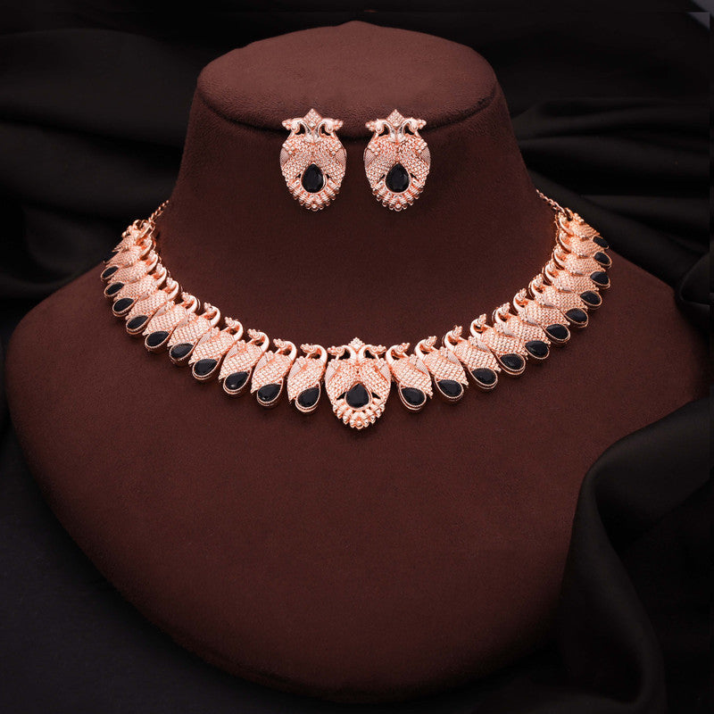 Tehzeeb Creations Rose Gold Black Colour Necklace With Pair Of Earrings | Grocsy