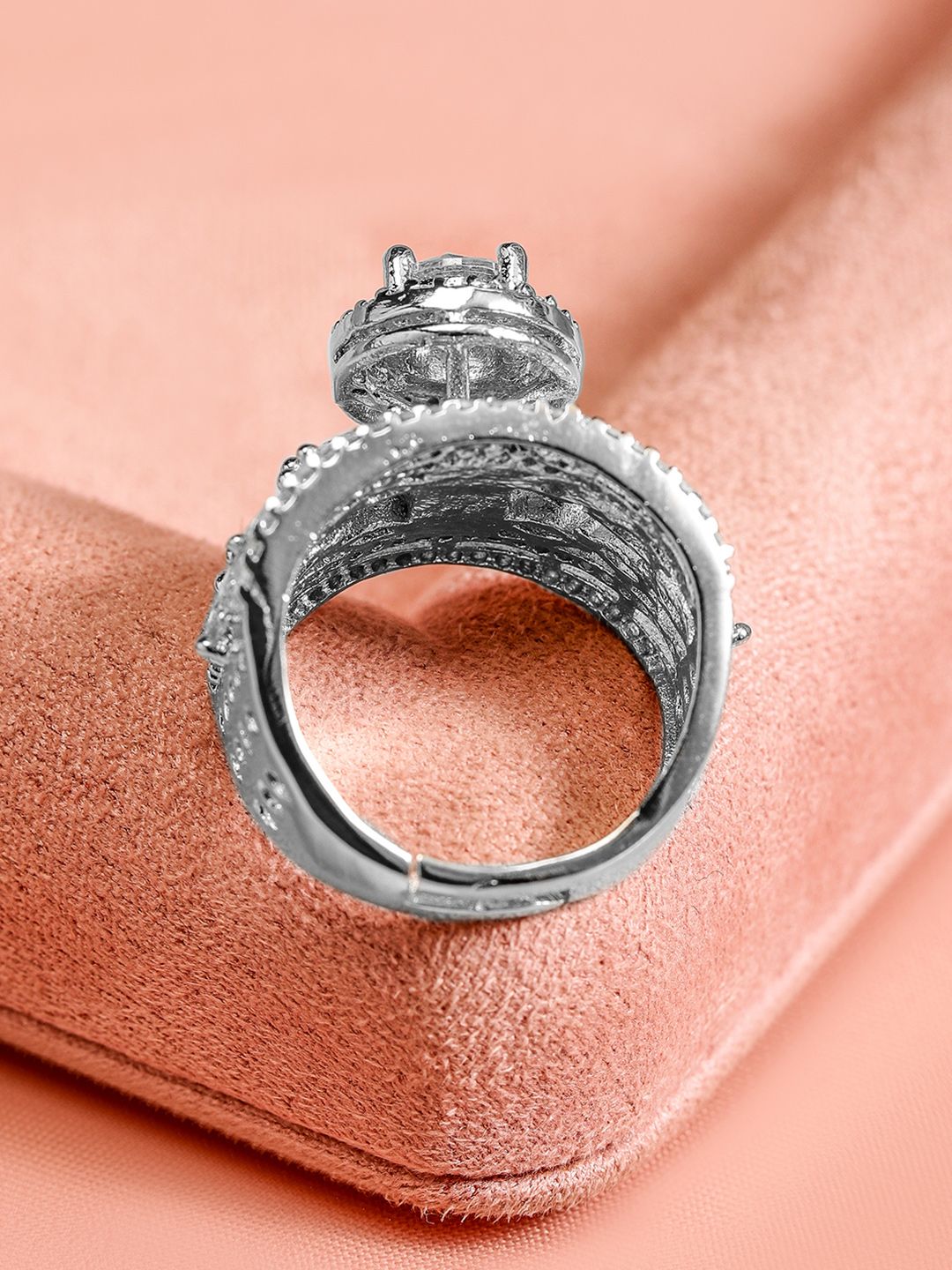 Rubans Women Rhodium Plated Cubic Zirconia Studded Adjustable Finger Ring | Grocsy