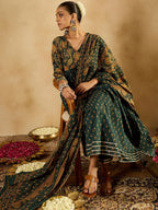 Indo Era Floral Printed Empire Pure Cotton A-Line Kurta With Trousers & Dupatta | Grocsy