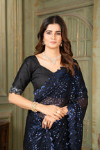Dishitha Creation Indian Women's Designer Georgette Sequence Saree - Blue | Grocsy