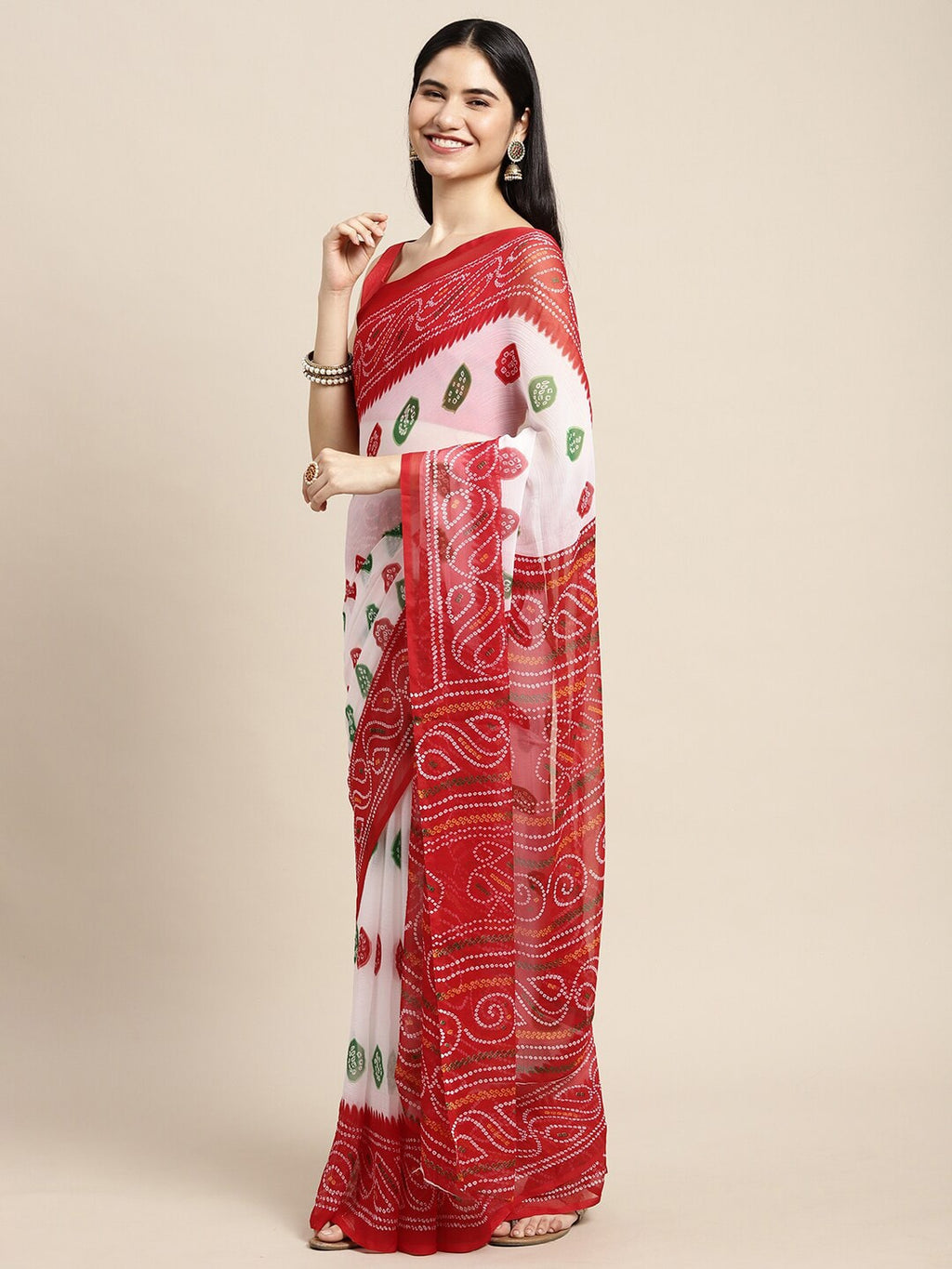 Saree Mall White & Red Printed Bandhani Sarees | Grocsy