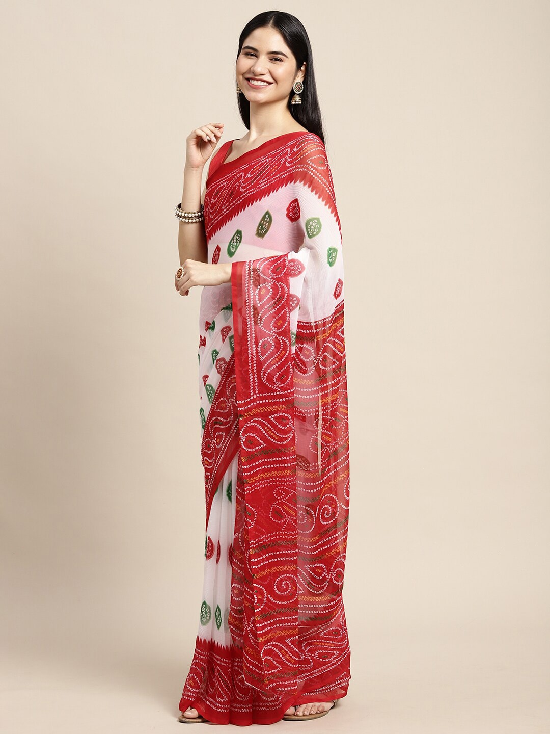 Saree Mall White & Red Printed Bandhani Sarees | Grocsy