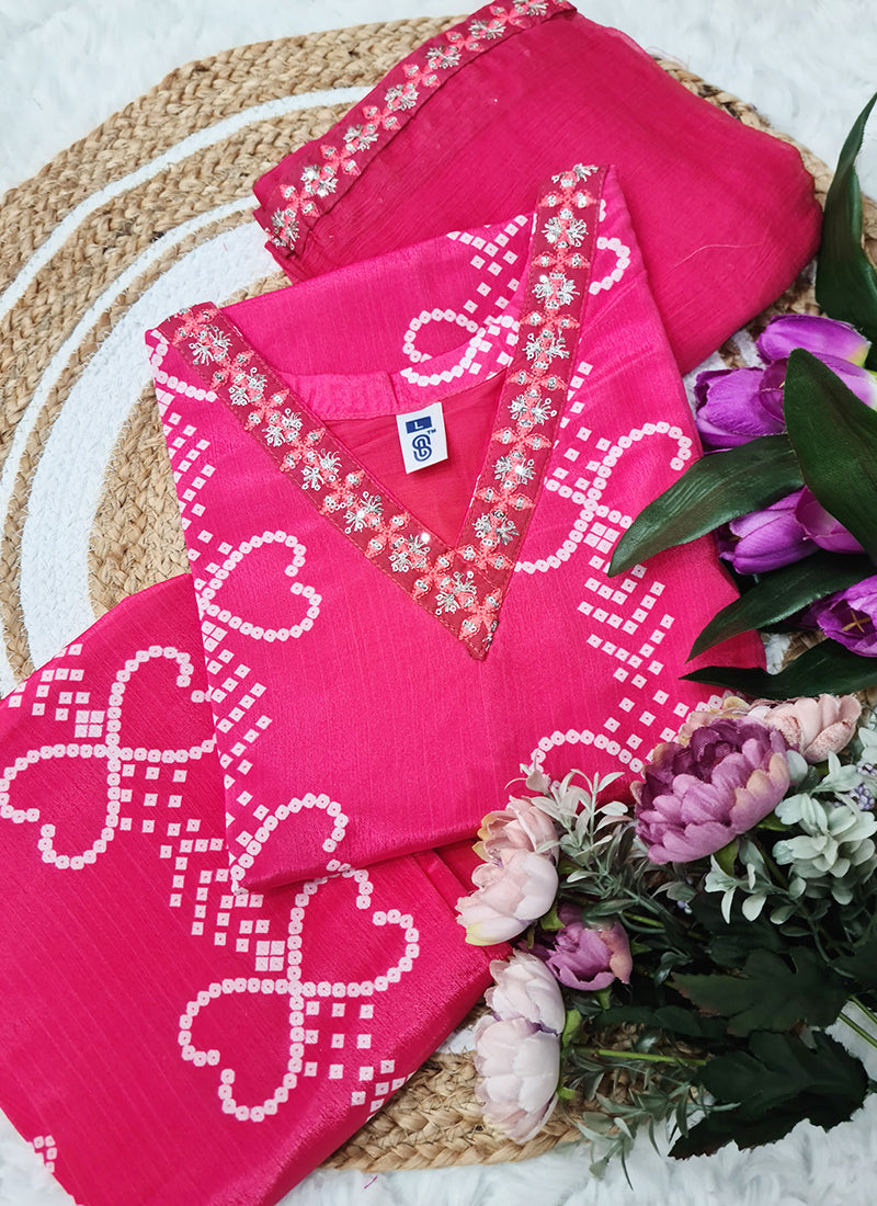 Vellora Chinon Silk Pink Festival Wear Embroidery Work Readymade Kurti Set | Grocsy