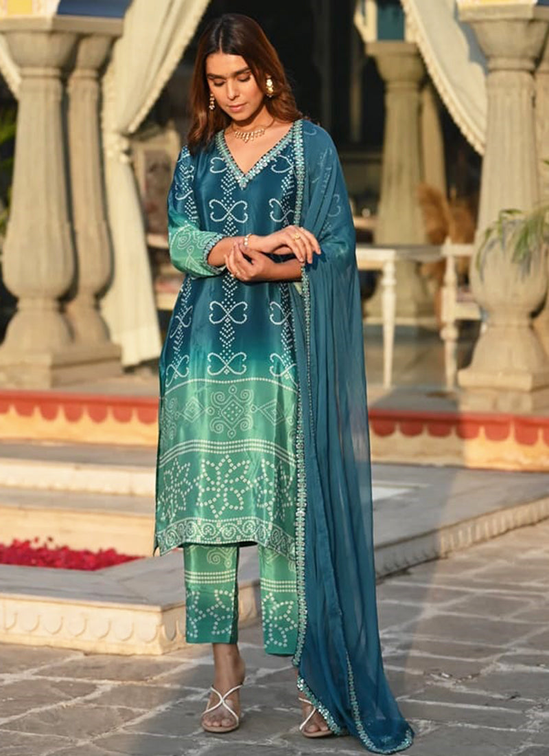 Vellora Chinon Silk Blue Festival Wear Embroidery Work Readymade Kurti Set | Grocsy