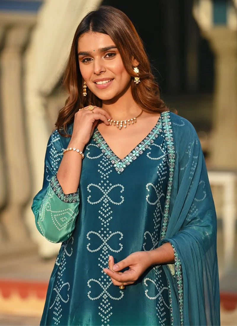 Vellora Chinon Silk Blue Festival Wear Embroidery Work Readymade Kurti Set | Grocsy