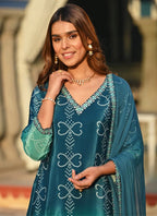 Vellora Chinon Silk Blue Festival Wear Embroidery Work Readymade Kurti Set | Grocsy