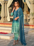 Vellora Chinon Silk Blue Festival Wear Embroidery Work Readymade Kurti Set | Grocsy