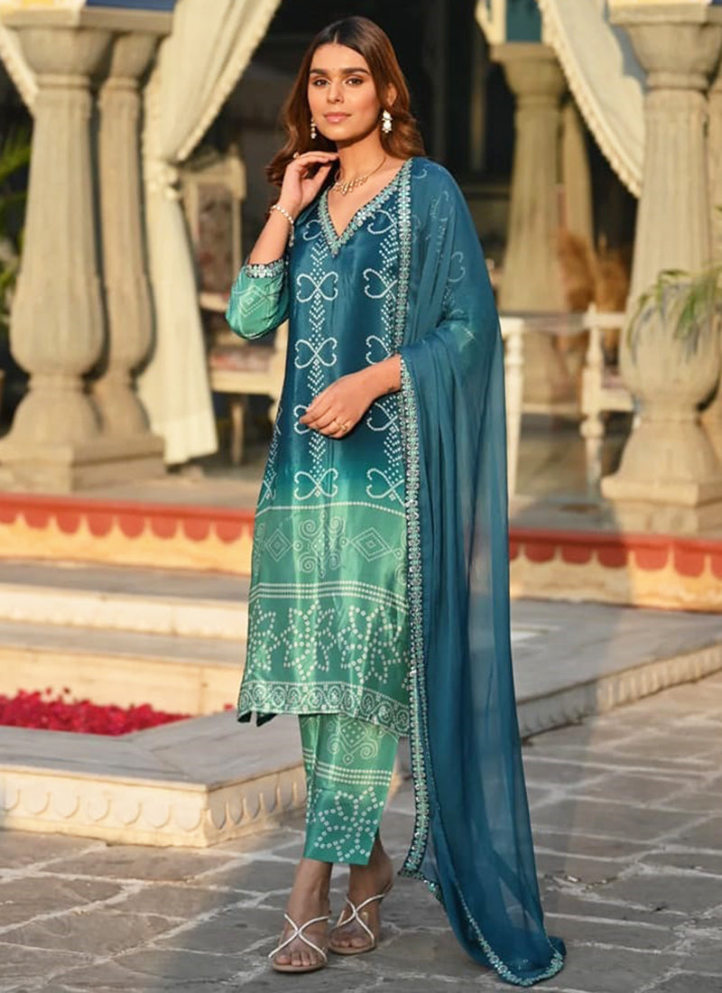 Vellora Chinon Silk Blue Festival Wear Embroidery Work Readymade Kurti Set | Grocsy