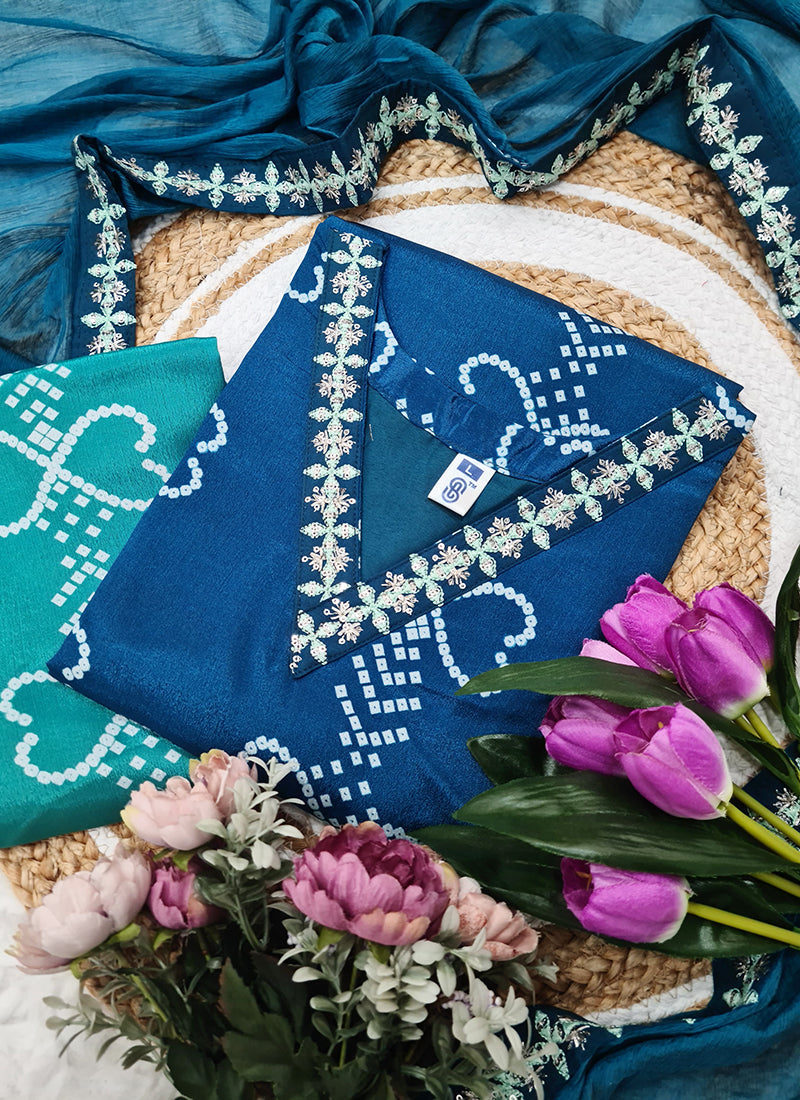 Vellora Chinon Silk Blue Festival Wear Embroidery Work Readymade Kurti Set | Grocsy